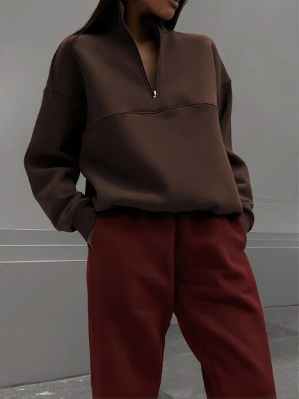 Women'S Casual Half-Zip Sweatshirt - Brown, Long Sleeve, Stand Collar, Zip-Up Pullover with Front Pockets, Comfortable Fallu002FWinter Wear, Casual Wear Sweatshirt | Zipup Pullover | Construction, Sweater Hoodie