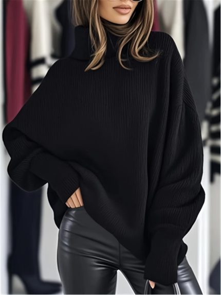 Women's Autumn Winter Thick Sweater | Solid Color High Neck Pullover with Ribbed Texture | Soft Stretch Fabric | Warm Comfortable Versatile Casual Top | Women's Clothing | Elegant Fashion Casual Versatile Apparel