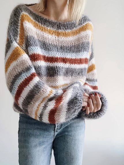 Women's Casual Striped Sweater - All-Season Long Sleeve Round Neck Pullover with Multi-Color Block Design, Soft Durable Fabric for Casual Attire, Sweater, Versatile Top, Breathable Material, Cozy Clothing