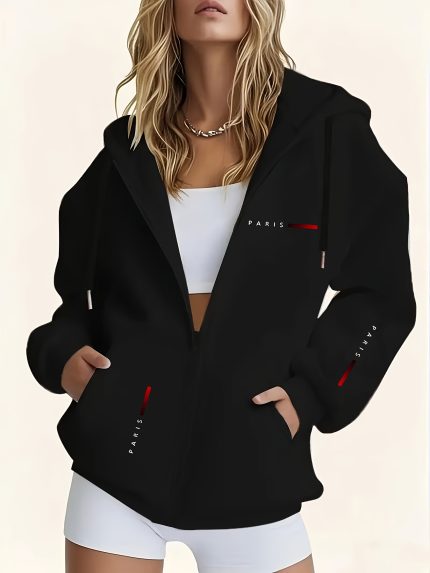 Women's Zip-Up Hooded Sweatshirt, Thick Warm Printed Letter Pullover with Drawstring Hood, Kangaroo Pocket, Casual Streetwear, Long Sleeve Autumn Winter Warm Sweatshirt