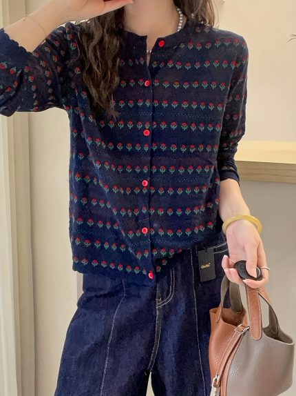French-Style Fashion Cardigan for Women - 2025 Autumn Vintage Jacquard Design - Niche High-End and Youthful Top